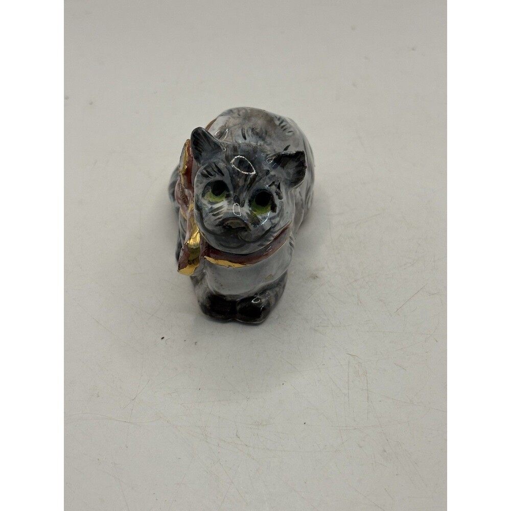 Kunststube Salzburg Brodgasse Porcelain Cat With Gold Leaf Bow Mid Century 3.5”